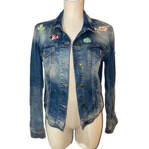 Zara Women's Vintage Y2K Patch Embellished Denim Jacket size M Stretch Cotton